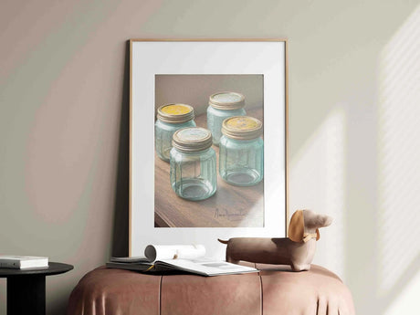 Vintage blue glass mason jar collection arranged neatly on a wooden shelf