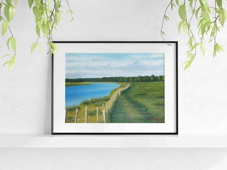 Wall art featuring a serene lake and meadow scene above a bedroom's bed - MRC Art by Design