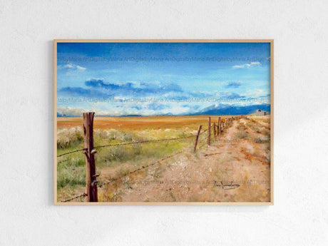 Wall art depicting a serene field and fence scene, enhancing the ambiance of a farmhouse living room - MRC Art by Design