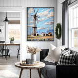 Landscape Print Old Windmill Vintage Cabins Farmhouse Cloudy Sly in Colors Countryside Natural Decor - MRC Art by Design