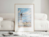 Landscape Print Old Windmill Vintage Cabins Farmhouse Cloudy Sly in Colors Countryside Natural Decor - MRC Art by Design