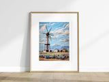 Landscape Print Old Windmill Vintage Cabins Farmhouse Cloudy Sly in Colors Countryside Natural Decor - MRC Art by Design