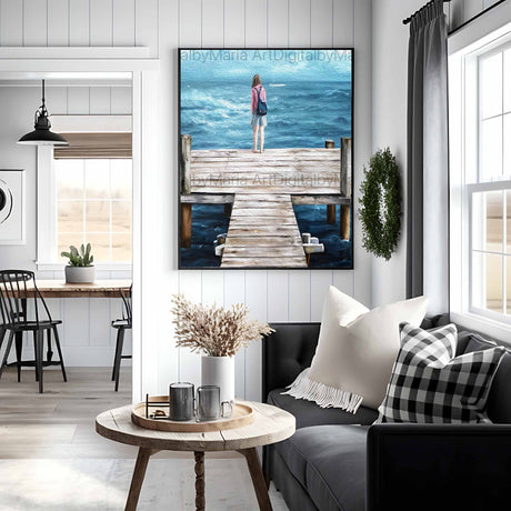 Wooden Pier Oceanside View, Soft Colors Human Figure Wood old dock Cloudy Sky Printable Digital Download Art - MRC Art by Design