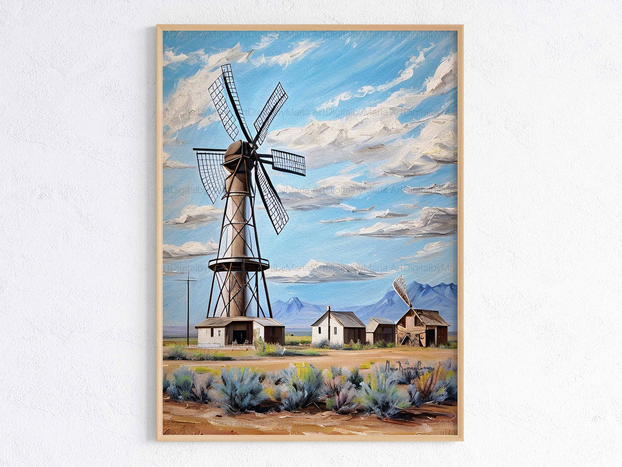 Landscape Print Old Windmill Vintage Cabins Farmhouse Cloudy Sly in Colors Countryside Natural Decor - MRC Art by Design