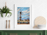 Landscape Print Old Windmill Vintage Cabins Farmhouse Cloudy Sly in Colors Countryside Natural Decor - MRC Art by Design