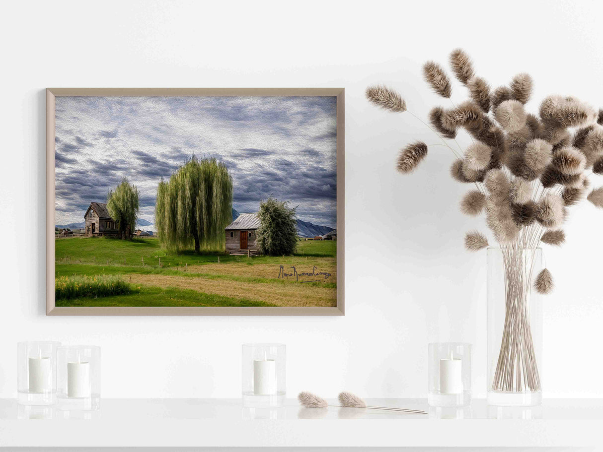 Countryside Landscape Oil Painting, Rustic Cabin Mountains, Nature Art, Wall Decor, Rustic Home Decor - MRC Art by Design