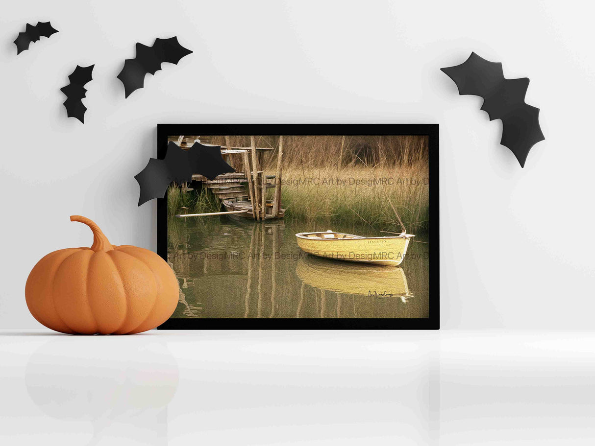 Art print of a boat on a river during autumn, encased in a stylish frame - MRC Art by Design