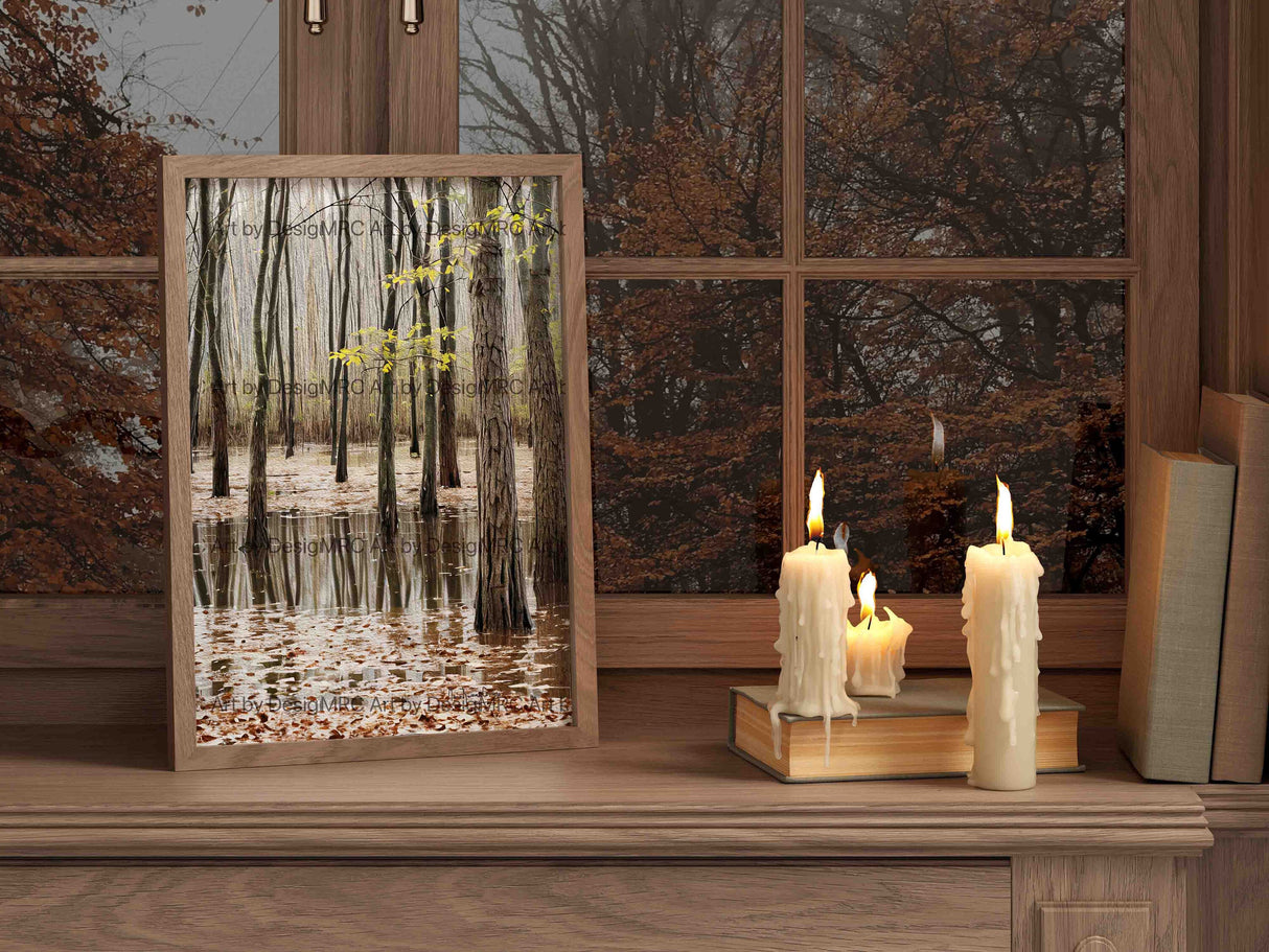 Art print of a tranquil forest scene in autumn placed near a window with candles enhancing the ambiance - MRC Art by Design