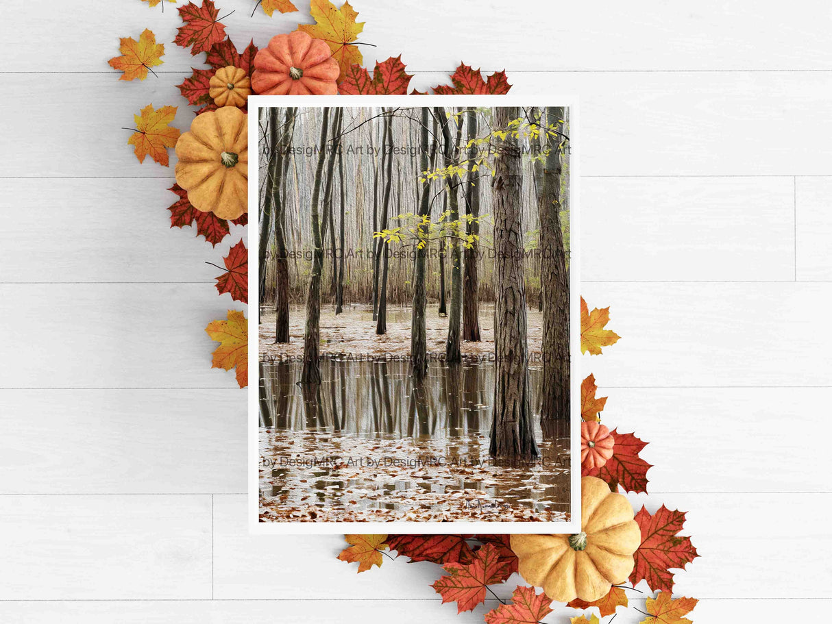 Close-up of an art print depicting a dense autumn forest with a spectrum of fall colors - MRC Art by Design