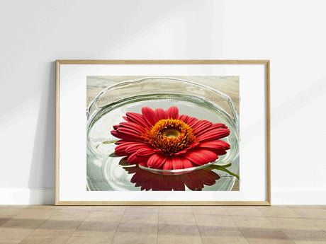 Red flower in glass vase with a watercolor background
