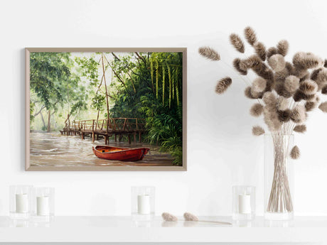 Red row boat at the river surrounded by natural forest