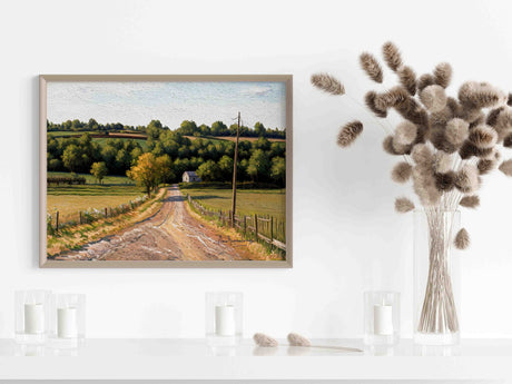 Countryside road with wood fence, old barn and forest lane