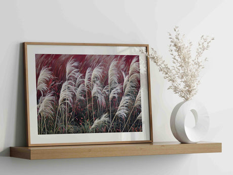 White rustic grass in a reddish background in contrast with greens and yellows