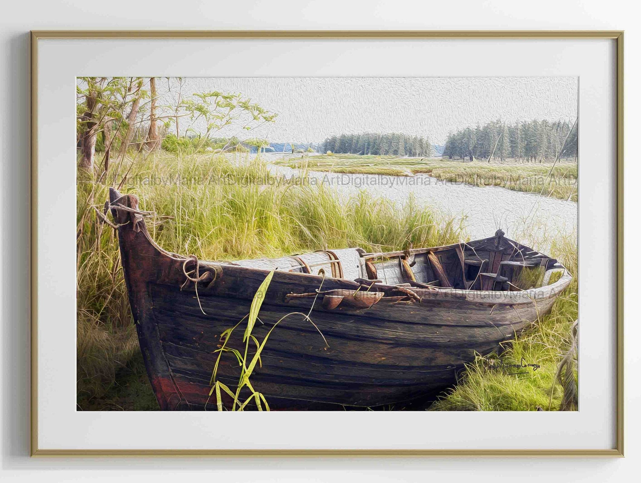 Row boat at the river surrounded by natural forest